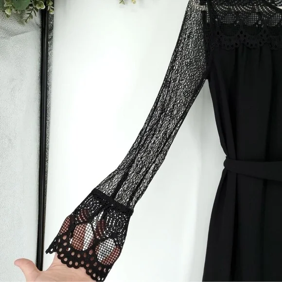 REISS Callista Lace Sleeve Belted Black Dress Size 0 - Picture 5 of 8
